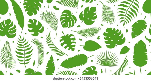 Palm leaf seamless pattern, jungle tropic leaves background, summer banana tree, cute monstera, cartoon abstract hawaii forest, exotic ornament, tropical floral print. Foliage vector illustration