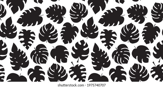 Palm leaf seamless pattern, monstera print, summer exotic black plant background. Nature vector illustration