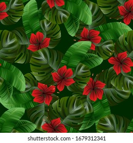 Palm leaf. Seamless pattern summer tropic hibiscus.