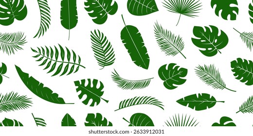 Palm leaf seamless pattern, tropical jungle leaves background, exotic green plant texture, cartoon flower ornament, summer forest bg. Rainforest wallpaper. Hawaii floral print. Vector illustration