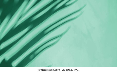 Palm leaf shadow on a green wall background. teal color stylish flat lay with trendy shadow and sun light ,vector  Illustrartion