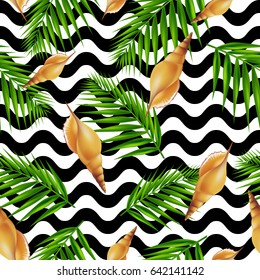 Palm leaf and shells on black waves seamless pattern. Vector Illustration.