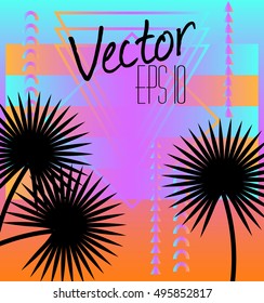 Palm leaf silhouettes on a gradient background and geometric shapes, style of the 80's and 90's, web-punk, vaporwave, kitsch, print for card, poster, banner, textil, invitation, clothing, EPS 10