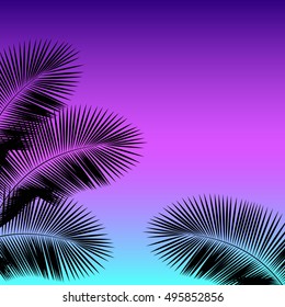 Palm leaf silhouettes on a gradient background sunset, style of the 80's and 90's, web-punk, vaporwave, kitsch, print for card, poster, banner, textil, invitation, clothing, EPS 10