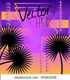 Palm leaf silhouettes on a gradient background and geometric shapes, style of the 80's and 90's, web-punk, vaporwave, kitsch, print for card, poster, banner, textil, invitation, clothing, EPS 10