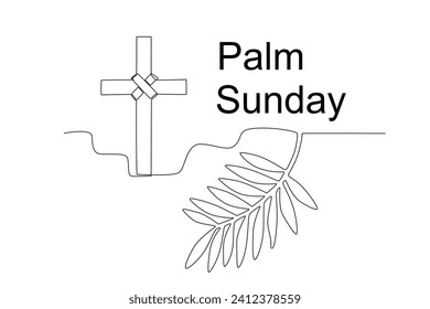A palm leaf stalk and a cross mark. palm Sunday one-line drawing
