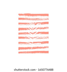 Palm leaf, stamp. Tropical leaf on white background. Vector isolated illustration with coral pink colored texture, stripes. For web design, banners, logos, cards, printing on clothing, textile, bags.