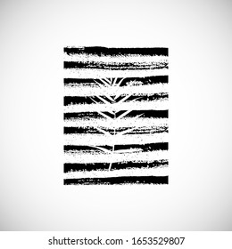 Palm leaf, stamp. Tropical leaf on white background. Vector isolated illustration with black texture, hand drawn stripes. For web design, banners, logos, cards, printing on clothing, textile, bags.