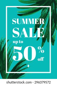 Palm leaf. Summer sale up to 50 per cent off. Watercolor design. Web banner or poster for e-commerce, on-line cosmetics shop, fashion & beauty shop, store. 