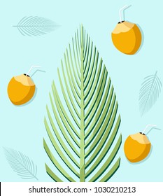 palm leaf with tender coconut on a blue background