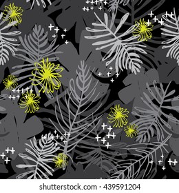 Palm Leaf Tropica Camo - Hand Drawn Seamless Repeat Tile - Black, Grey & Pop Green