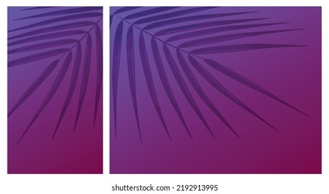 Palm leaf tropical vector background. Summer design horizontal and vertical variants, palm tree plant foilage purple backdrop, jungle exotic design