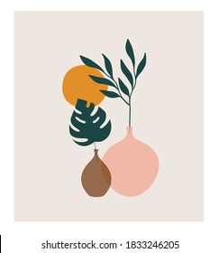 Palm Leaf Vase Modern Print. Pottery wall decoration,  minimalist botanical art. Vector illustration