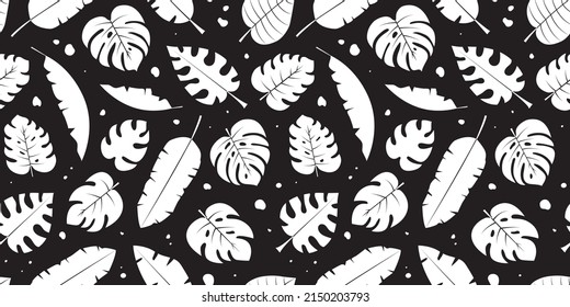 Palm leaf vector seamless pattern, jungle summer print, tropical foliage texture, white silhouette on black background. Repeat illustration