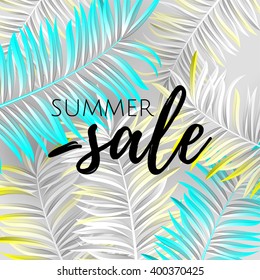 Color blanco de hoja de palma. Venta de verano . Banner o afiche web para comercio electrónico, tienda de cosméticos en línea, moda 