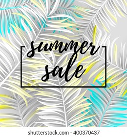 Palm leaf white color. Summer sale . Web banner or poster for e-commerce, on-line cosmetics shop, fashion & beauty shop, store.  Vector illustration. EPS 10