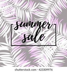 Palm leaf white color. Summer sale . Web banner or poster for e-commerce, on-line cosmetics shop, fashion & beauty shop, store.  Vector illustration. EPS 10