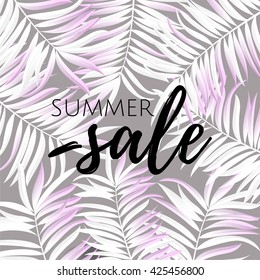 Palm leaf white color. Summer sale . Web banner or poster for e-commerce, on-line cosmetics shop, fashion & beauty shop, store.  Vector illustration. EPS 10