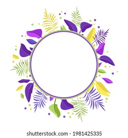 Palm leaf wreath. Round frame of bright purple, yellow and green exotic leaves. Summer festive decorations for the holiday, postcard, poster and design, offer or banner. Vector flat illustration