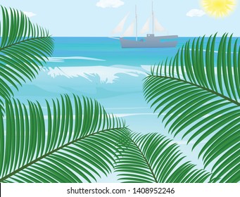 Palm leafs in front of sea and beach. vector illustration