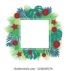 Palm leafs with new year decoration. Tropic Christmas and New year, vector greeting card