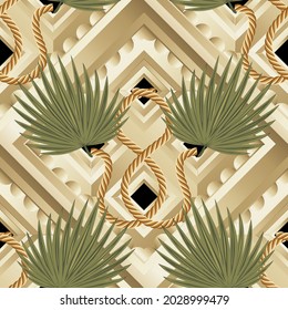 Palm leaves 3d seamless pattern. Geometric modern background. Repeat colorful abstract backdrop. Floral ornament. Textured vector design with ropes, palm branches, geometrical shapes, rhombus, frames.