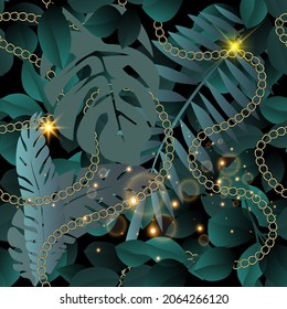 Palm leaves 3d seamless pattern. Vector ornamental leafy background. Repeat nature backdrop. Night. Fantasy exotic tropical 3d ornaments. Shiny stars, chains, branches, fern and palm leaves, bubbles.