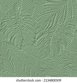 Palm leaves 3d seamless pattern. Embossed relief honeycomb background. Floral surface backdrop. Exotic emboss green 3d ornament. Tropic plants, leaves, branches. Grunge textured embossing design.