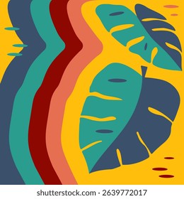 Palm leaves abstract image and colored waves. Bright Tropical abstract background, print. Modern boho wall art. Cute exotic print The middle of the century.