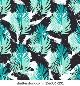 Palm Leaves  Abstract Seamless Pattern with Brush Strokes Background .Flat Illustration for Surface , Invitation , Notebook, Banner , Wrap Paper ,Textiles, 