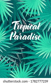 Palm leaves background. Retro vector illustration. Tropical paradise lettering. Design for invitation, banner, card, poster, flyer