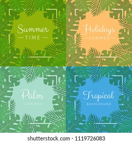 Palm leaves background set. Aloha print. Palm tree tropical pattern. Flat style, vector illustration.