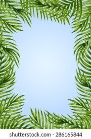 Palm leaves background. Tropical greeting card.