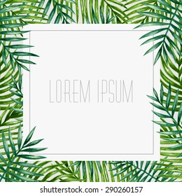 Palm leaves background. Tropical greeting card.
