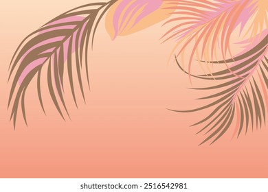 Palm leaves background vector illustration, Peach fuzz color of the year. Abstract and flat style background, tropical summer plants and leaves