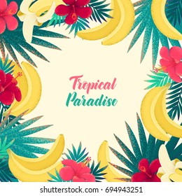 Palm leaves, bananas, hibiscus flowers frame. Retro vector tropical background. Tropical paradise lettering. Design for invitation, poster, flyer, card, banner