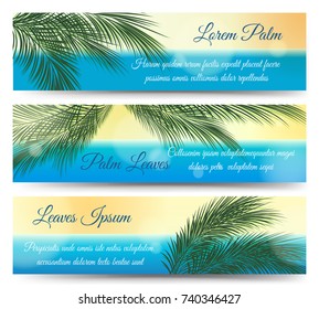 Palm leaves banners. Hawaii and guadeloupe tropical vector summer green jungle and sea banner design
