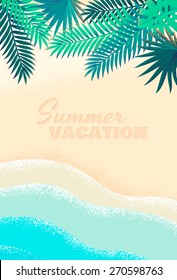 Palm leaves, beach, tropical seascape background. Retro vector illustration. Place for your text