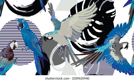 Palm leaves and birds  abstract seamless pattern in vector