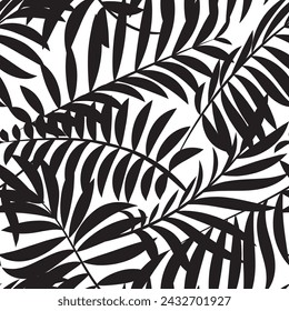 Palm leaves. Black silhouette on the white background. Vector seamless pattern with tropical plants.
