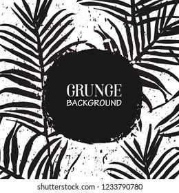 Palm leaves black silhouettes pattern with ink paint spot frame vector illustration design. Palm leaves art print grunge texture
