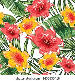 Palm leaves with blooming flowers. Tropical plants seamless pattern. Vector image.