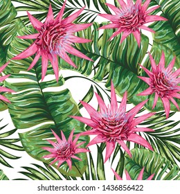 Palm leaves with blooming flowers. Tropical plants seamless pattern. Vector image.