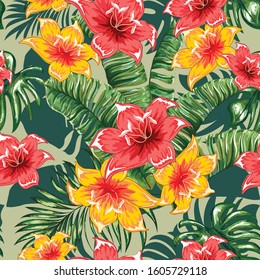 Palm leaves with blooming flowers. Tropical plants seamless pattern. Vector image.