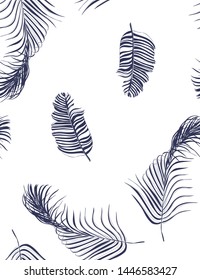 Palm leaves. Blue on a white background. Typographic graphic print, fashionable pattern for fabrics, packaging, wallpaper .Vector illustration