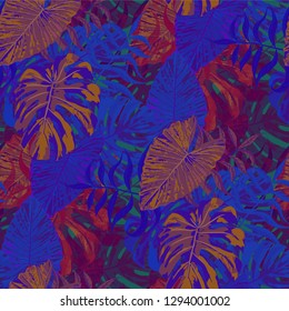 Palm Leaves. Blue Seamless Pattern with Leaves of tropical Trees. Vintage Texture for, Shirt, Wallpaper, Underwear. Bright Leaves of Palm Tree.