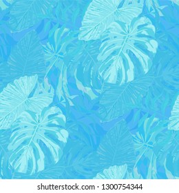 Palm Leaves. Blue Seamless Pattern with Leaves of exotic Trees. Trendy Texture for, Swimwear, Curtain, Dress. Bright Leaves of Palm Tree.