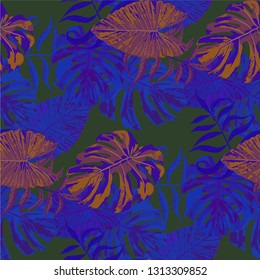 Palm Leaves. Blue Seamless Pattern with Leaves of tropical Trees. Trendy Texture for, Wallpaper, Dress, Cloth. Bright Leaves of Palm Tree.