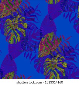 Palm Leaves. Blue Seamless Pattern with Leaves of jungle Trees. Retro Texture for, Cloth, Wallpaper, Dress. Bright Leaves of Palm Tree.