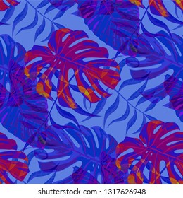 Palm Leaves. Blue Seamless Pattern with Leaves of jungle Trees. Modern Texture for, Curtain, Tablecloth, Swimwear. Bright Leaves of Palm Tree.